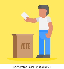 Man putting vote in the ballot box. Election flat design vector illustration.