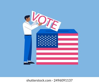 Man putting vote ballot in box. Voting presidential election USA 2024