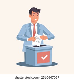 Man putting Vote ballot paper in a voting box. Election campaign concept. Flat style illustration