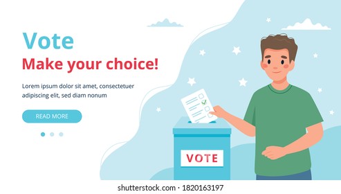 Man putting vote into the ballot box. Voting web page concept.