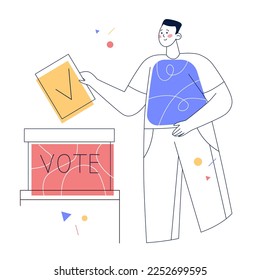 Man putting vote paper into ballot box. Concept of election, voting, democratic and politic. Outline, line art vector.