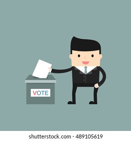 A man putting voting paper in ballot box. People vote. Vector illustration