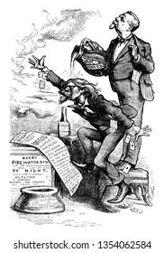 A man putting water from jar on head of another man, vintage line drawing or engraving illustration