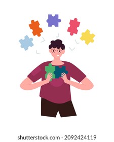 Man with puzles. Teamwork metaphor, character solves puzzle. Graphic elements for website. Society, people. Friendly guy, adult. People in different life situations. Cartoon flat vector illustration