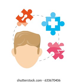 man and puzzle around and symbols inside