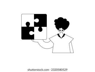 Man with a puzzle in her hand . total darkness and white cable art. Trendy style, Vector Illustration