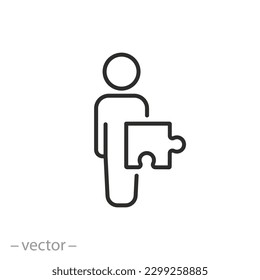 hombre con icono del rompecabezas, parte integral del equipo, enlace derecho, rompecabezas de la comunidad, símbolo de línea delgada - ilustración del vector de trazo editable