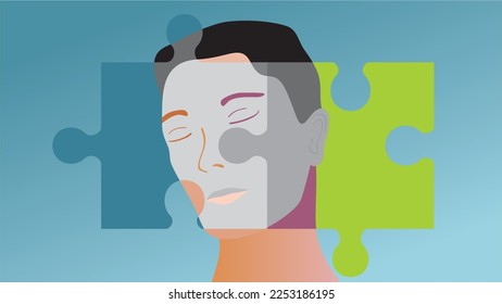 Man with puzzle pieces. Dimension 16:9. Vector illustration.