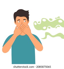 Man puzzled about the bad smell in flat design on white background. Young guy cover his nose from unpleasant smell.