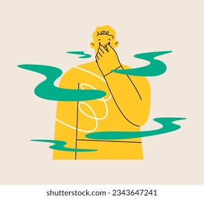 Man puzzled about the bad smell. Male cover her nose from unpleasant smell. Colorful vector illustration
