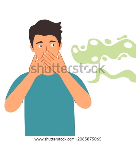 Man puzzled about the bad smell in flat design on white background. Young guy cover his nose from unpleasant smell.