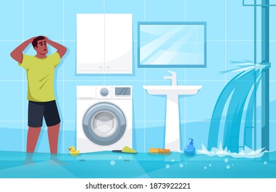 Man puzzled by broken water pipe flat vector illustration. Bathroom flood. Floating bath accessories and gels. Modern household items. Electric shock threat 2D cartoon character for commercial use