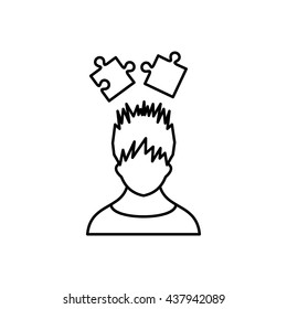 Man with puzzles over head icon, outline style
