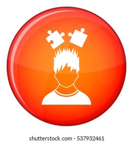 Man with puzzles over head icon in red circle isolated on white background vector illustration