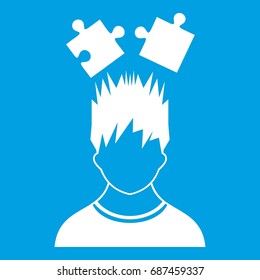 Man with puzzles over head icon white isolated on blue background vector illustration