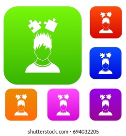 Man with puzzles over head set icon in different colors isolated vector illustration. Premium collection