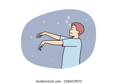 Man In Pyjama Sleepwalking At Night. Young Male Asleep In Pajama Walking In Sleep. Vector Illustration. 