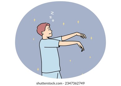 Man in pyjama sleepwalking at night. Young male asleep in pajama walking in sleep. Vector illustration.