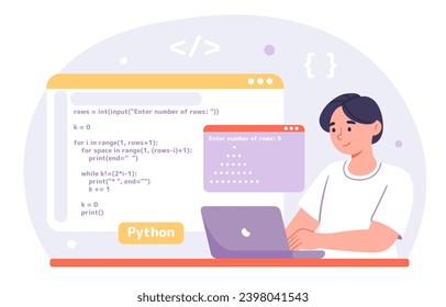 Hombre con el concepto de código pitón. Programador y especialista en TI desarrollan aplicaciones o programas. Desarrollador Frontend y backend. Dibujo vectorial plano de dibujos animados aislado en fondo blanco