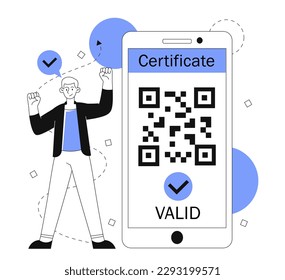 Man with QR code. Guy rejoices near certificate on smartphone screen. Modern technologies and digital world. Shortened link to website, online payment and discounts. Cartoon flat vector illustration