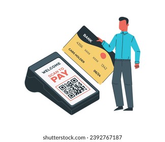 Man with QR code and POS terminal and credit card. Vector illustration in flat style for contactless payment concept