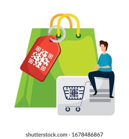 man and qr code with shopping icons vector illustration design