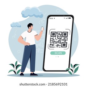 Mann mit QR-Code. Junge Leute auf dem Smartphone folgen einem verkürzten Link oder leiten bargeldlosen Transfer. Bequeme elektronische Zahlungsmethode, Bankbetriebskonzept. Cartoon-Flavektor-Vektorgrafik