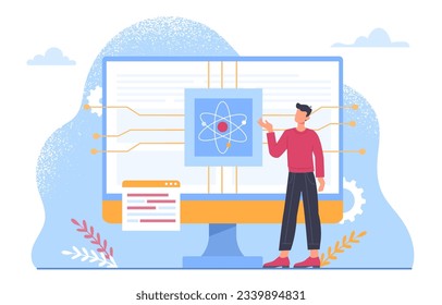 Man with quantum concept. Young guy near computer monitor. Circuit board and CPU. Modern technologies and innovations. Physics and atom structure. Cartoon flat vector illustration