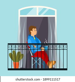 A man in quarantine went out on the balcony to drink his morning coffee, sitting in a comfortable chair. Cartoon male character sitting in cozy balcony interior enjoys the view, stay at home