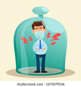 Man quarantined. A man patient with viral disease in medical mask is isolated from society. Person under glass bell, isolation. Vector illustration, flat design, cartoon style, isolated.