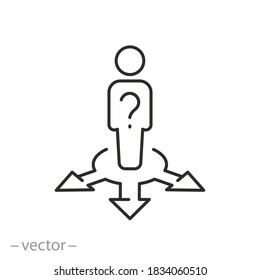 man with question decision icon, people choice lost, answer doubt, business direction crossroad, person in confuse, thin line symbol on white background - editable stroke vector illustration