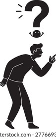 Man with question mark above his head points finger, smiling face in bubble suggests solution, representing idea discovery, problem-solving, brainstorm and inspiration. Simple black and white vector graphic.