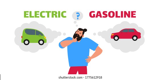 hombre con signo de interrogación elegir vehículo eléctrico o gasolina transporte de energía limpia iluminación vectorial