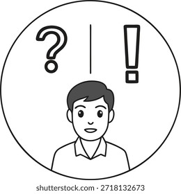 Hombre con signo de interrogación y signo de exclamación por encima de la cabeza en el círculo de pensamiento y emociones de sorpresa