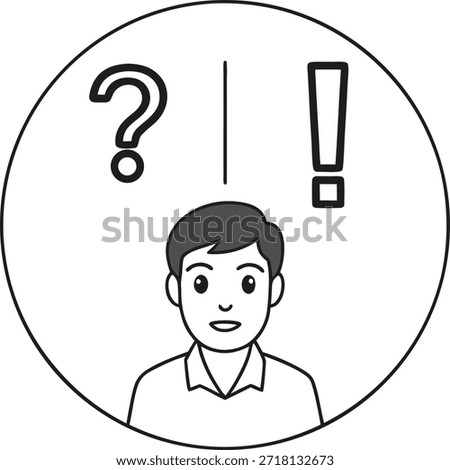 man with question mark and exclamation mark above head in circle thinking and surprise emotions