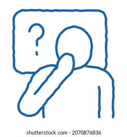 Marcador de pregunta masculina de cuadro de dibujo vector de icono. Dibujo manual de la línea de doodle azul Man Pregunta Marcar marco signo de interrogación. ilustración de símbolo aislado