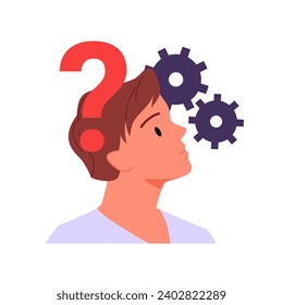 Man with question mark and gears above head vector illustration. Cartoon isolated portrait of curious person in doubt and confused face, thoughtful pose of puzzled character to ask and think