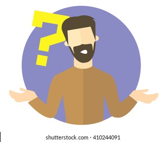 Man with a question mark. Person doubts. "I don't know" expression. Flat cartoon style. Impersonal character. Vector illustration.