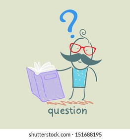 man with a question mark reads the book