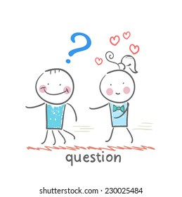 man with a question mark running away from a girl in love