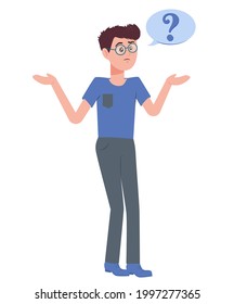 Man with question mark in think bubble. People thinking or solving problem. Pensive boy. Dilemma vector flat cartoon concept illustration isolated on white background.