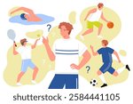 Man with question mark thinking about choice of different sport workout. Guy athlete choosing between swimming and active ball games, tennis basketball soccer training cartoon vector illustration
