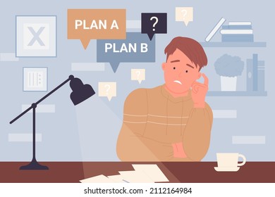 Man with question mark and two option for solving problem vector illustration. Cartoon young guy with dilemma sitting at desk with lamp, employee or student making decision of creative situation