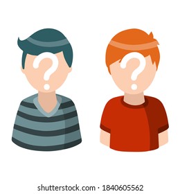 Mann mit Fragezeichen. Unbekannte Person. Soziales Netzwerk Avatar. Rutsche Zeichen. Junge Junge. Flaches Cartoon-Illustration