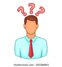 Man with question marks above his head icon. Cartoon illustration of human emotion vector icon for web design