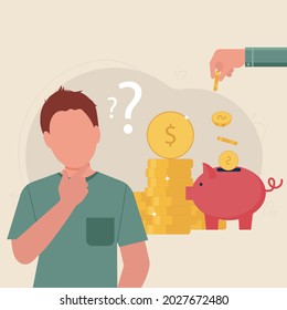Man with question marks thinking how to save money. Boy collecting gold coins in piggy bank for investment. Hand throwing piece of money into moneybox.