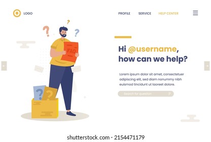 A man with question papers for FAQ on website page