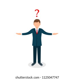 Man with question silhouette with raised hands up on white background. Human front view Vector illustration.