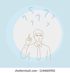Man with the question is in thought or man wondering about many things.