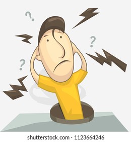 Man with a question what's going on or why? faces. Vector illustration in cartoon style